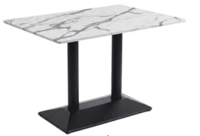 A rectangular table featuring a white, gray-veined marble-effect tabletop supported by two cylindrical black metal pedestal bases anchored to a rectangular black metal floor plate. — 3D model