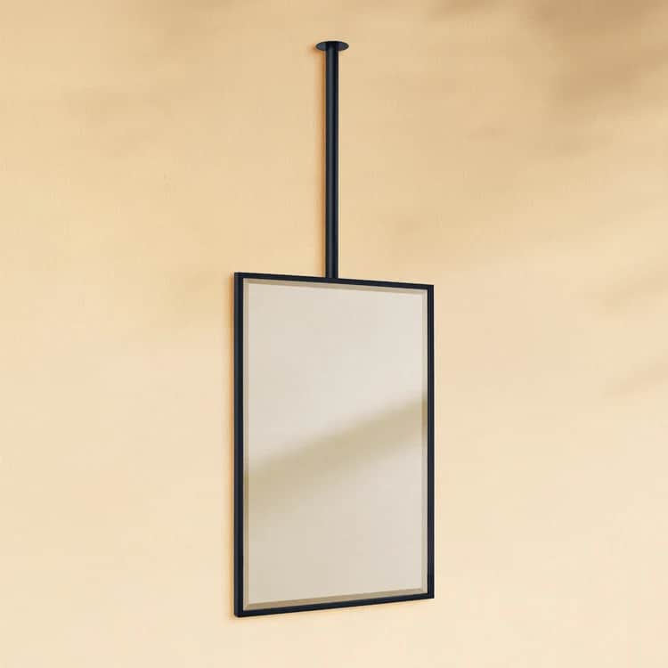 A modern, minimalist full-length mirror suspended from the ceiling by a slender black rod. The recta… — 3D model