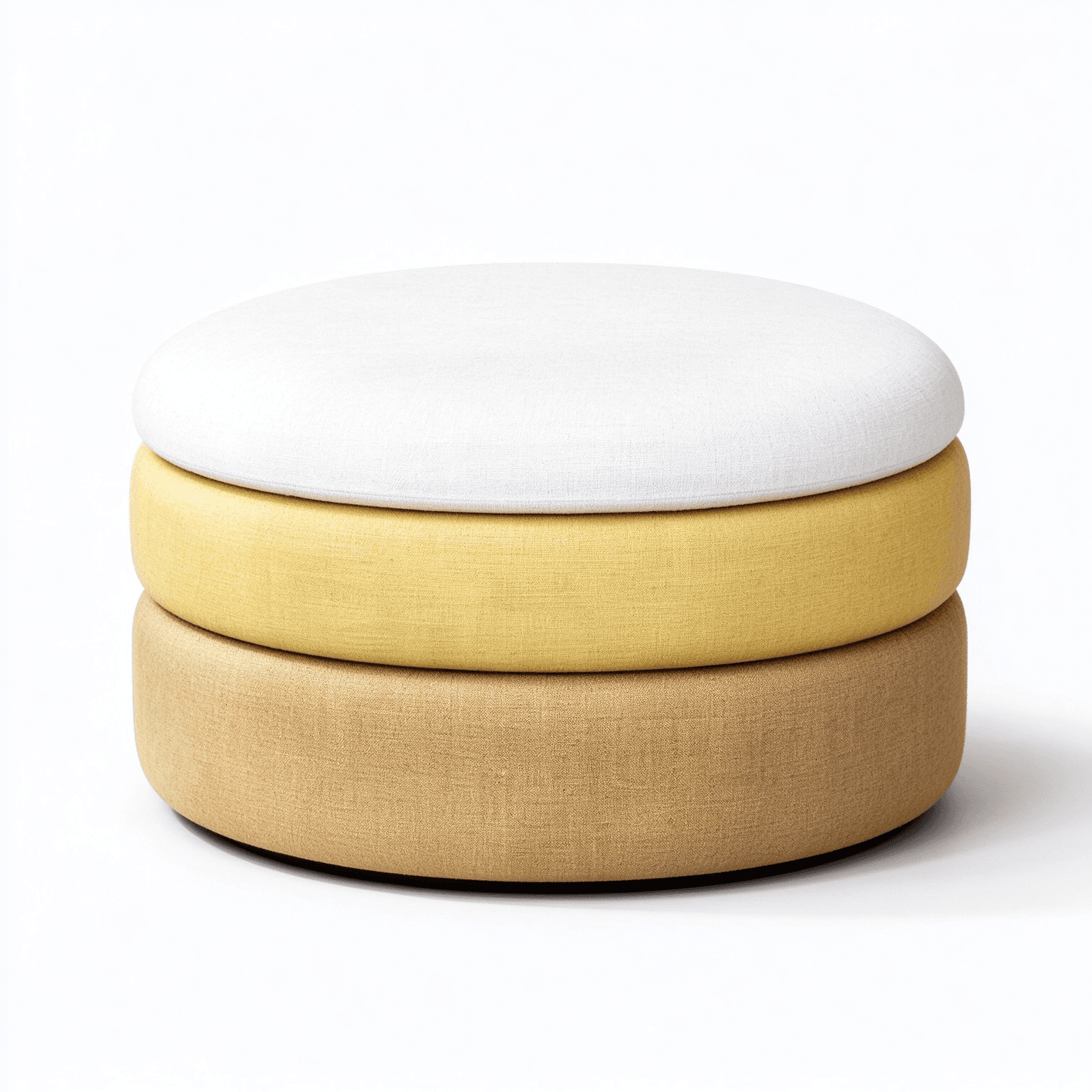 A set of three circular, upholstered ottomans, designed to be stacked vertically. Each ottoman features a different color: white on top, yellow in the middle, and a beige base. They have soft, rounded edges and a textured fabric finish. — 3D model