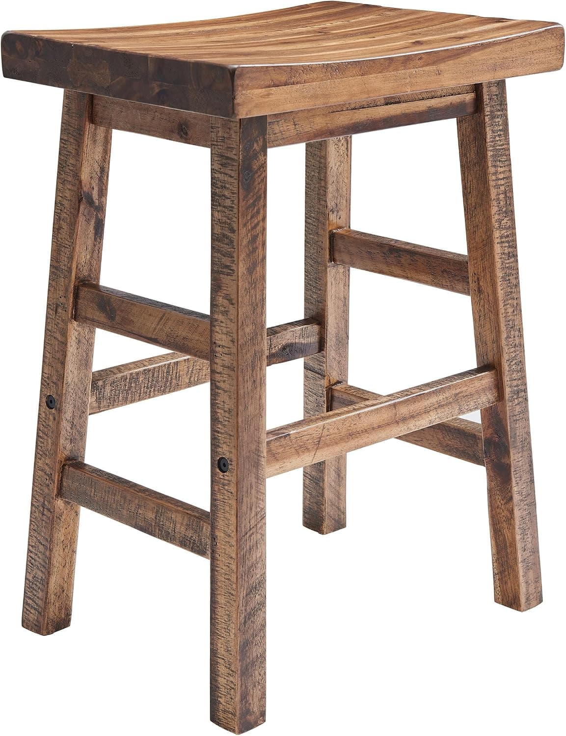 A rustic distressed wood stool featuring a saddle-shaped seat and sturdy square legs with integrated stretchers acting as footrests. The wood has a visible grain and textured, aged appearance. — 3D model
