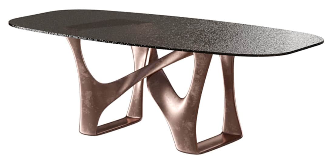 A contemporary dining table featuring a dark, speckled rectangular glass top with rounded corners. T… — 3D model
