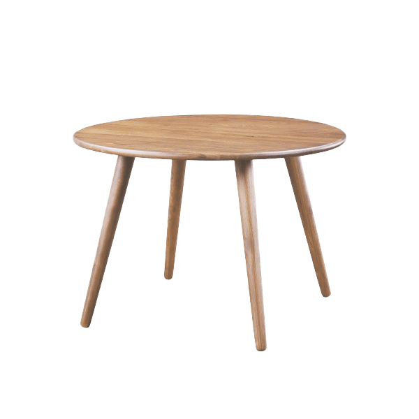 A light wood round table with four tapered, splayed legs, exhibiting a minimalist design. — 3D model