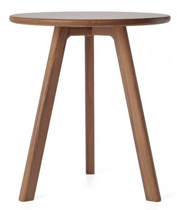 A round side table with a solid wood top and three tapered legs. The legs are angled outwards and join at a central point below the tabletop, creating a minimalist and modern aesthetic. — 3D model