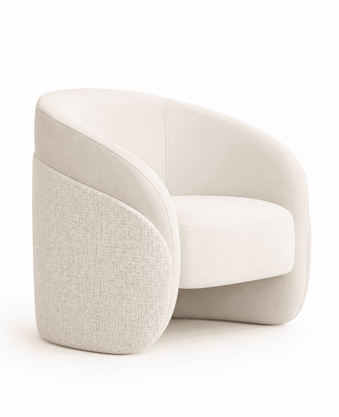 A contemporary armchair with a distinctive rounded silhouette. The armchair features a plush, cream-colored upholstered seat and backrest, contrasted with textured, light beige fabric on the exterior sides of the base. The design is characterized by its smooth, curved lines and a low profile. — 3D model