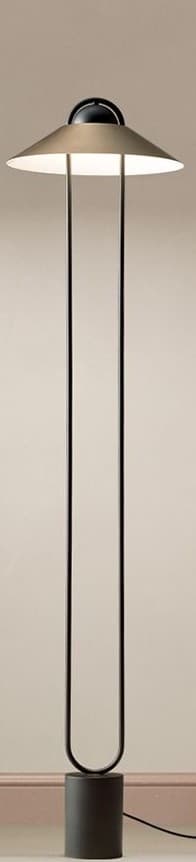 A modern minimalist floor lamp featuring a dark cylindrical base, a slender dual-rod stem, and a distinctive disc-shaped shade with a central spherical light element. The shade appears to be a brushed metallic finish, while the base and stem are a dark matte metal. — 3D model