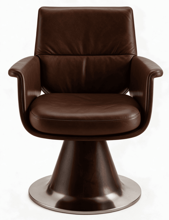 A contemporary swivel lounge armchair upholstered in rich, dark brown leather, featuring a conical dark wood pedestal base with a brushed metal plinth. — 3D model