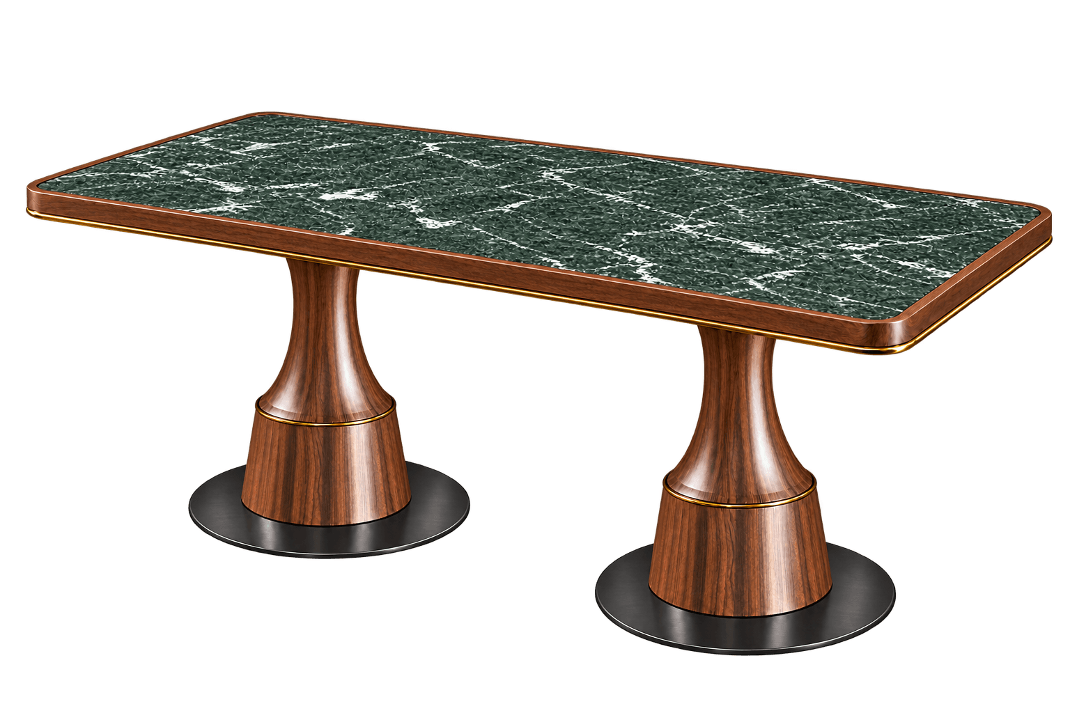 A contemporary rectangular table featuring a textured green marble composite top with white veining, encased by a dark wood frame with a slim brass band. The tabletop has subtly rounded corners. It is supported by two distinct pedestal bases, each crafted from rich, dark walnut wood with a fluted, hourglass silhouette, accented by a brass ring. Each pedestal rests on a flat, circular dark metal base. — 3D model