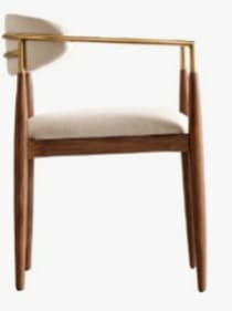 An elegant contemporary armchair featuring a solid wood frame, upholstered seat and curved backrest, complemented by sleek brass armrests. — 3D model
