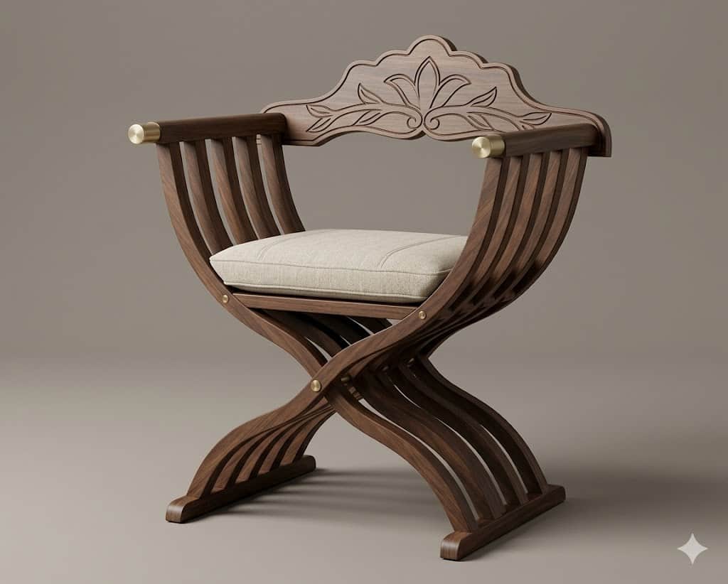 An elegant X-frame armchair made from dark wood, featuring a curved, slatted design and a carved bac… — free OBJ 3D model
