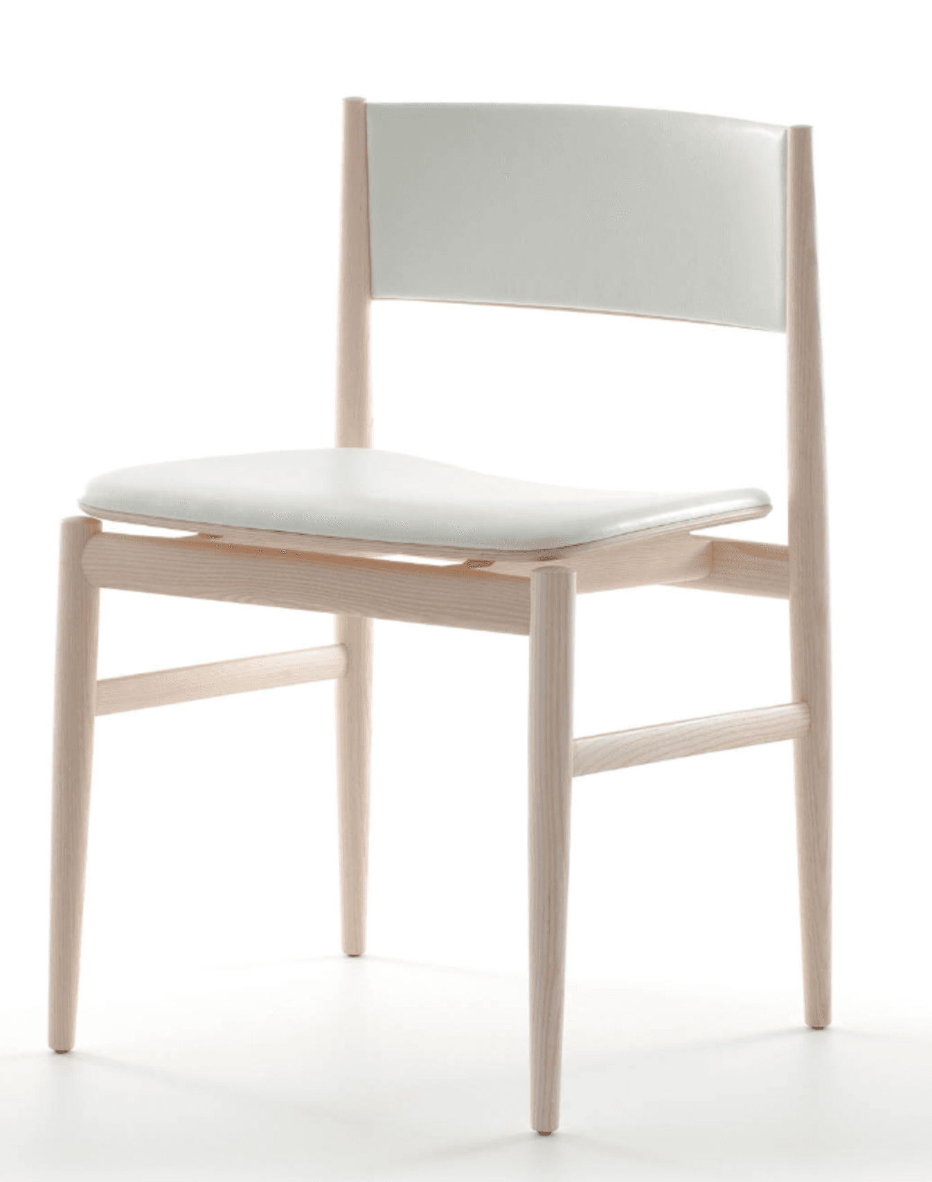 A contemporary dining chair featuring a minimalist design. The frame is constructed from light-colored wood, likely ash or beech, with a natural finish that highlights the wood grain. The seat and backrest are upholstered in white material, possibly leather or a durable synthetic fabric, providing a clean contrast to the wooden elements. The chair has a gently curved backrest for comfort and a slatted seat support. Its slender legs and overall understated profile suggest a Scandinavian or modern aesthetic, suitable for various dining settings. — 3D model