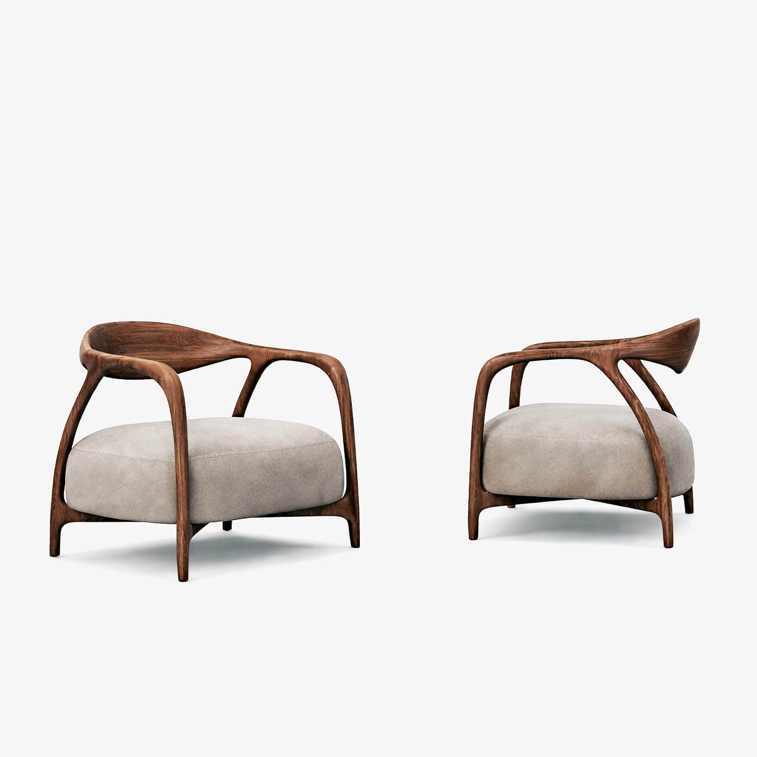 A pair of armchairs with a distinctive organic design. The frames are sculpted from dark wood, featu… — free OBJ 3D model