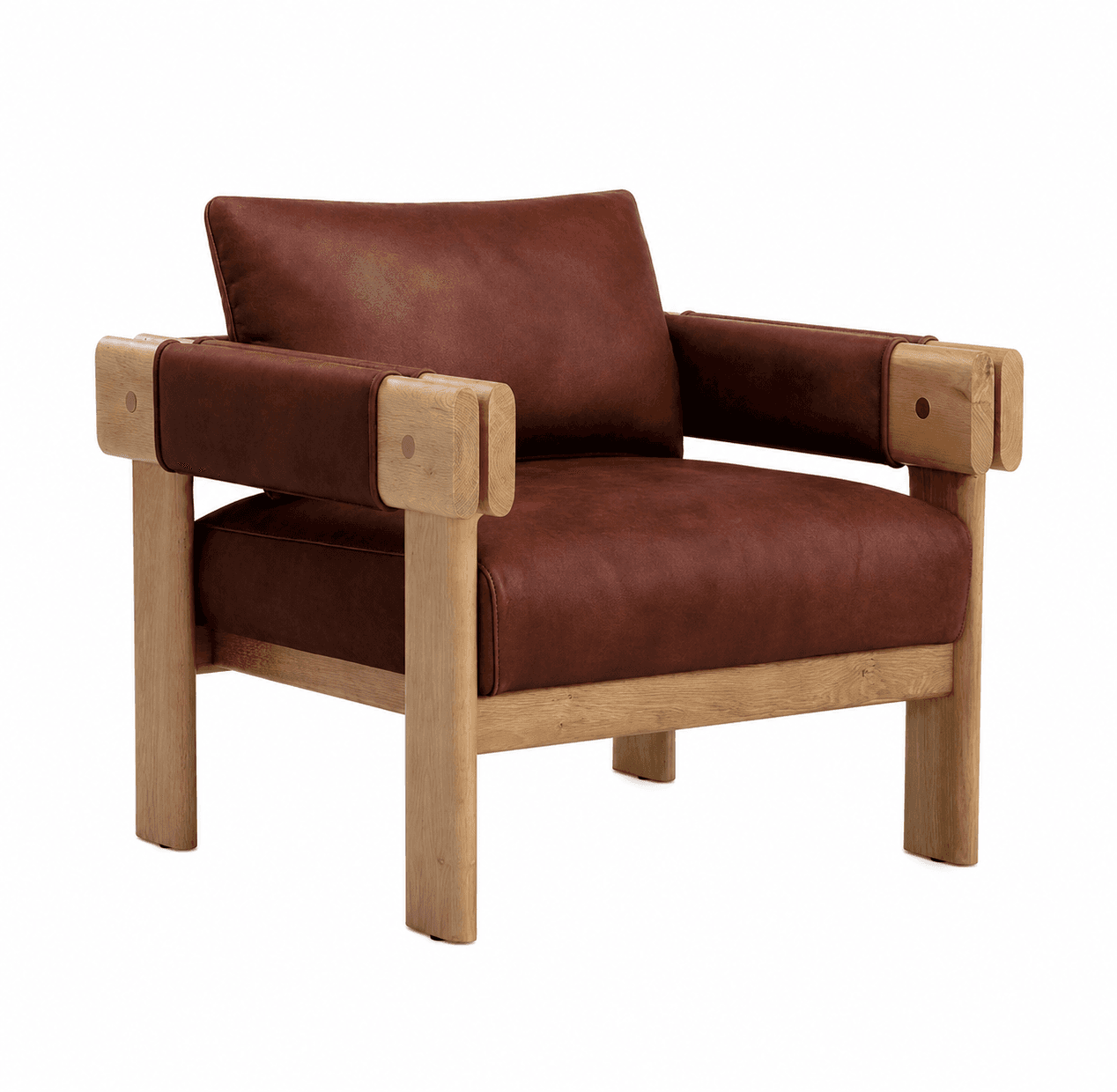 A contemporary armchair featuring a robust wooden frame with squared legs and armrests. The seat and back cushions are upholstered in a rich brown, textured material, likely leather. The armrests have a distinctive design where leather straps wrap around the wooden structure, secured by visible circular fasteners. The wood appears unfinished or lightly treated, showcasing its natural grain. — 3D model