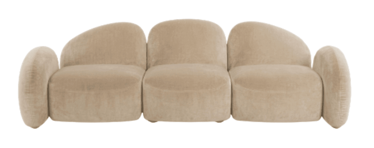 A three-seater sofa with rounded, organic forms. Each seat appears to be a separate module, joined together. The backrests are curved and softly sculpted, and the armrests are broad and cylindrical, protruding outwards. The upholstery has a plush, velvety texture. — 3D model