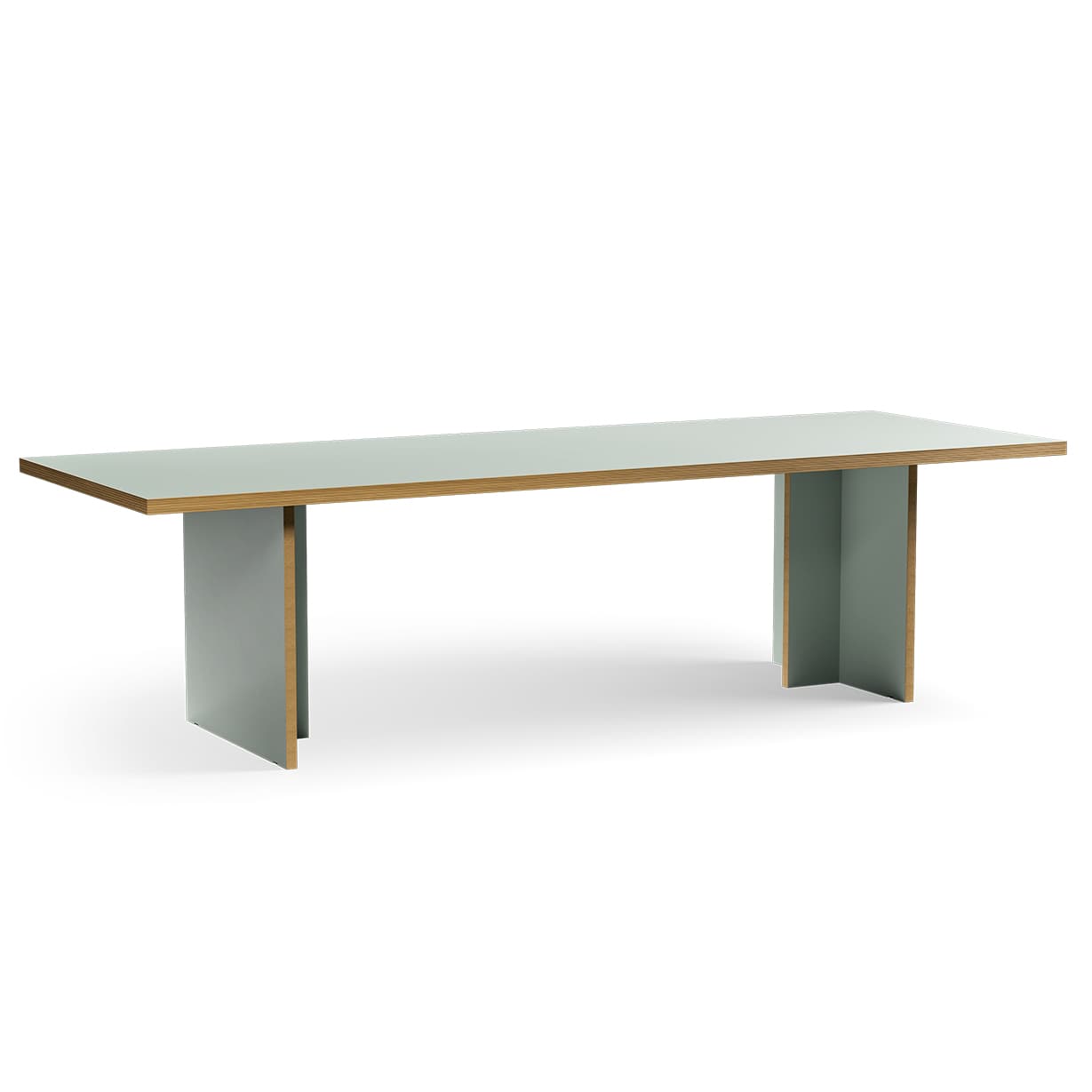 A long rectangular table with a light green top and two matching light green panel legs, featuring exposed plywood edges. — 3D model