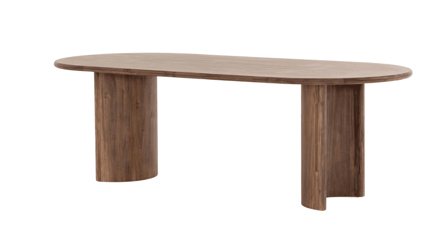 An oval-shaped console table crafted from medium-brown wood, featuring a smooth, elongated tabletop supported by two robust, semi-circular pedestal legs. The table exhibits a clean, modern aesthetic with visible wood grain and gently rounded edges. — 3D model