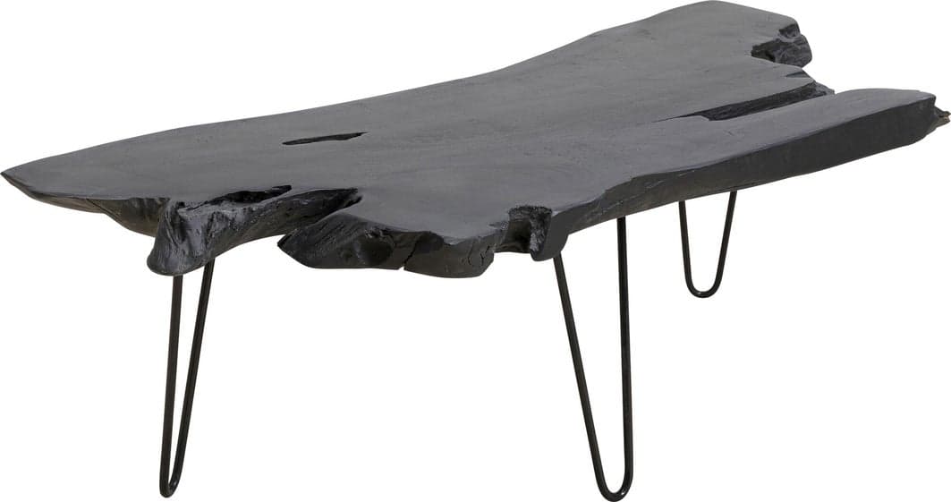 A rectangular coffee table featuring a live edge wood slab top finished in black, supported by four black metal hairpin legs. The tabletop retains its natural, irregular edges and surface imperfections, contributing to its organic aesthetic. — 3D model