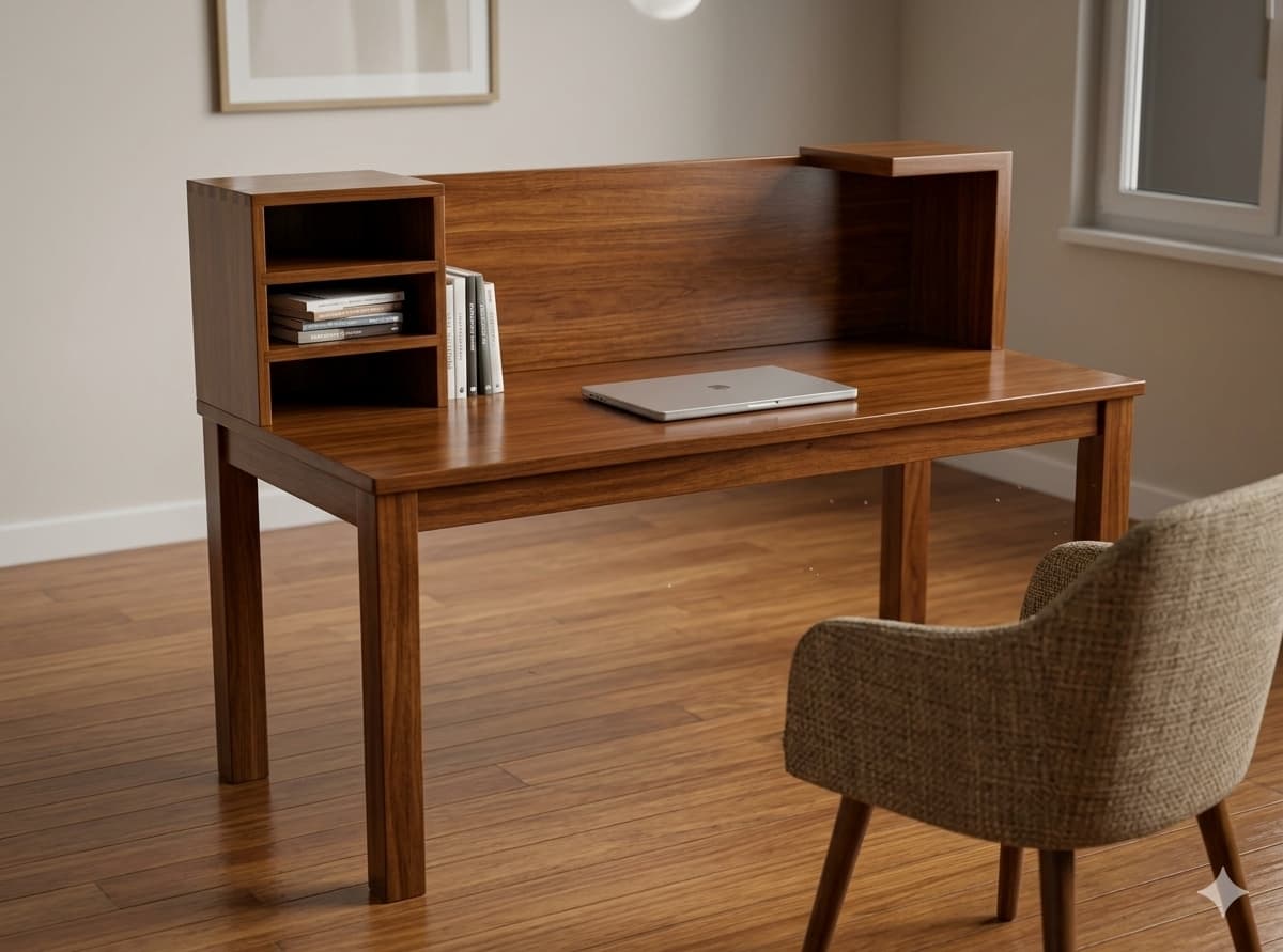 A wooden desk featuring a rectangular top, supported by four straight legs. It includes an integrated hutch with open shelving compartments on the back panel, finished in a medium-to-dark walnut wood tone. — 3D model