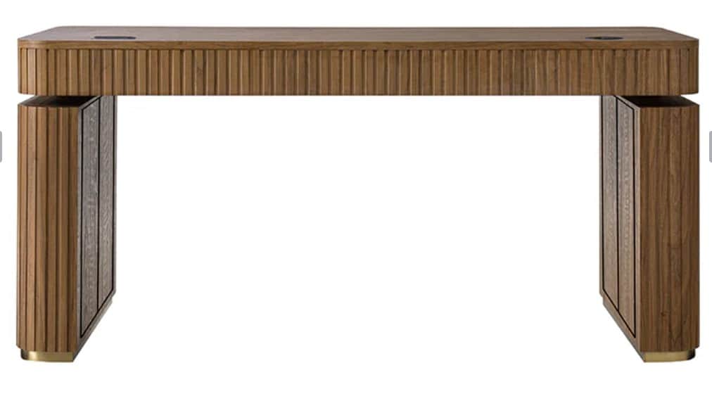 A contemporary wooden desk with a distinct ribbed texture on the front edge of the tabletop and the… — 3D model