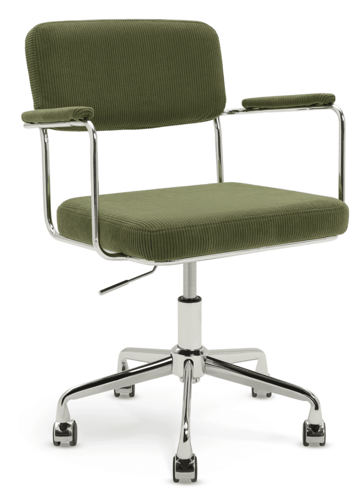 A swivel office chair with olive green corduroy upholstery, chrome frame, and caster wheels. — 3D model