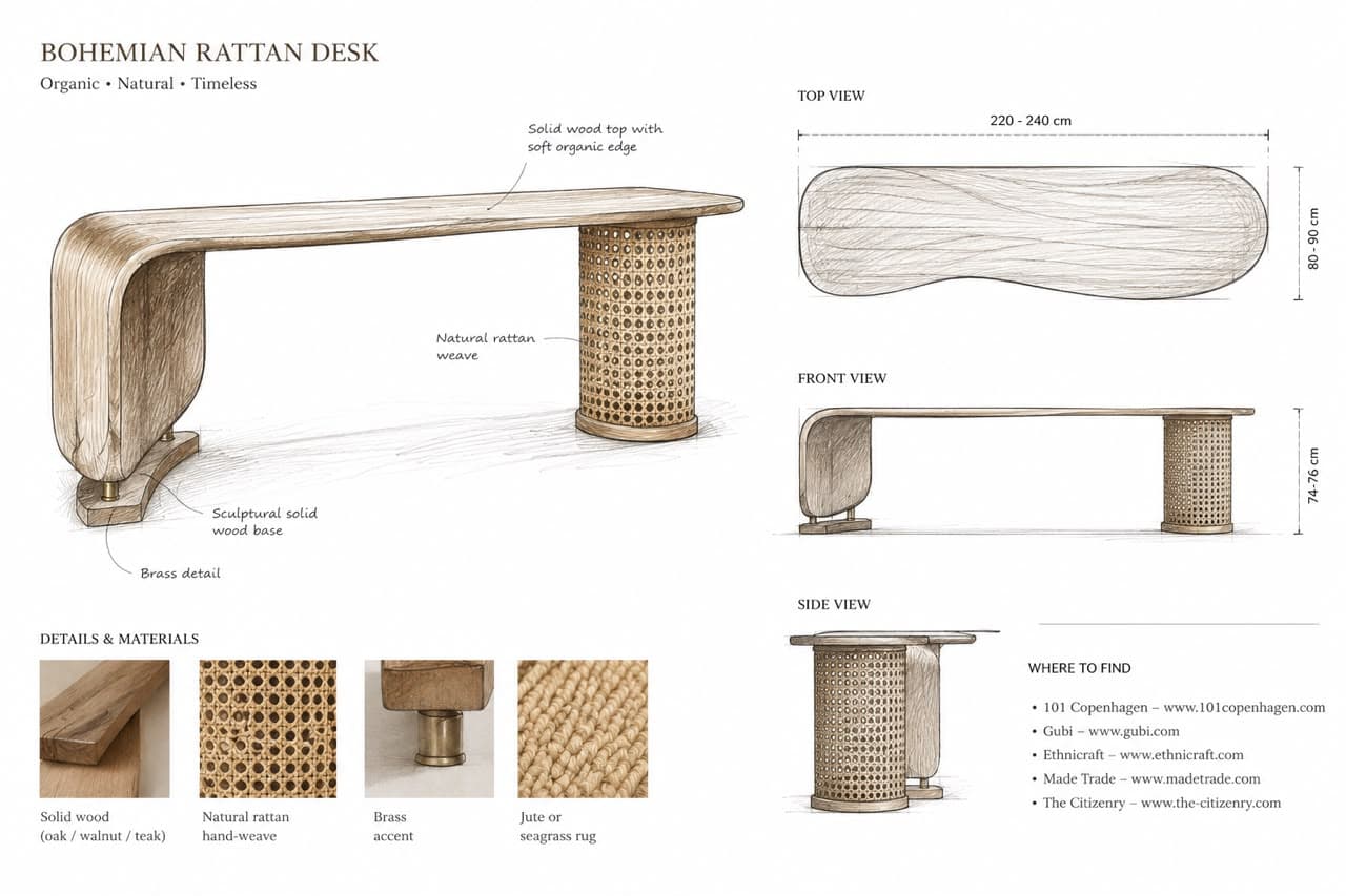 An elegantly designed bench featuring a curved, light-toned wooden seat that transitions into one of its legs. The other leg is a cylindrical support wrapped in natural cane webbing, topped with the wooden seat. A small brass accent forms the base of the bentwood leg. — 3D model