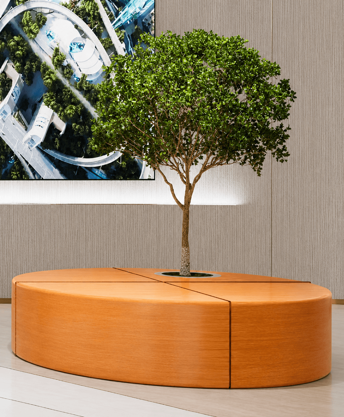 A modern circular bench made of light-colored wood, designed to surround a tree or planter. The bench is segmented into four equal parts with a central circular opening featuring a polished metal ring around the base of a small tree. — 3D model