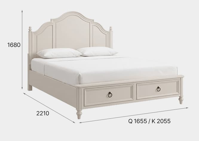 A light beige, traditional-style bed frame featuring a tall, arched panel headboard with decorative molding and finial accents. The footboard incorporates two functional storage drawers with ring pull hardware. The bed rests on turned feet. — 3D model