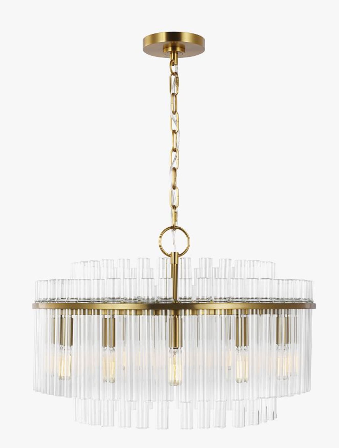 A multi-tiered chandelier with a brass-finished metal frame and numerous clear glass rod diffusers arranged in concentric circles. The diffusers vary in height, creating a layered effect. Incandescent-style bulbs are visible within the structure. The chandelier is suspended by a brass chain and canopy. — 3D model