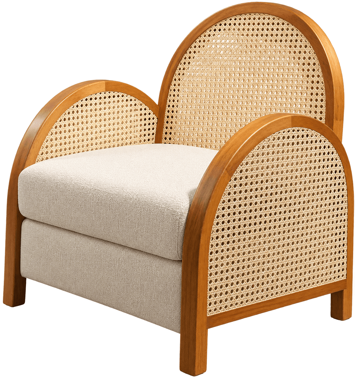 An armchair featuring a curved wooden frame with natural cane webbing panels and thick, off-white boucle upholstered cushions. The chair has a distinct arched back and armrests, giving it an Art Deco inspired aesthetic. — 3D model