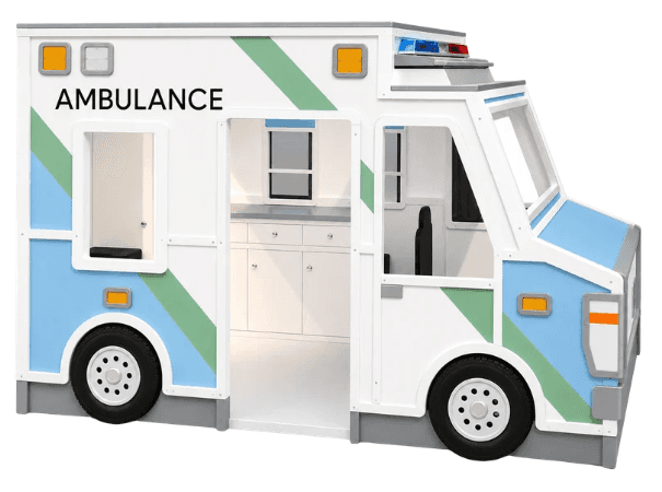 A children's bed designed as a realistic ambulance vehicle, featuring a white, blue, and green exter… — 3D model