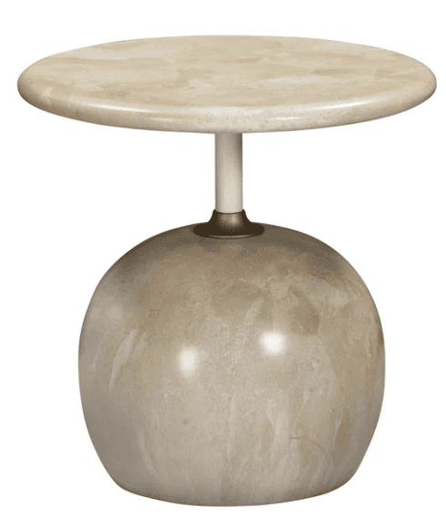 A contemporary accent table featuring a prominent spherical marble base, a slender white cylindrical… — 3D model