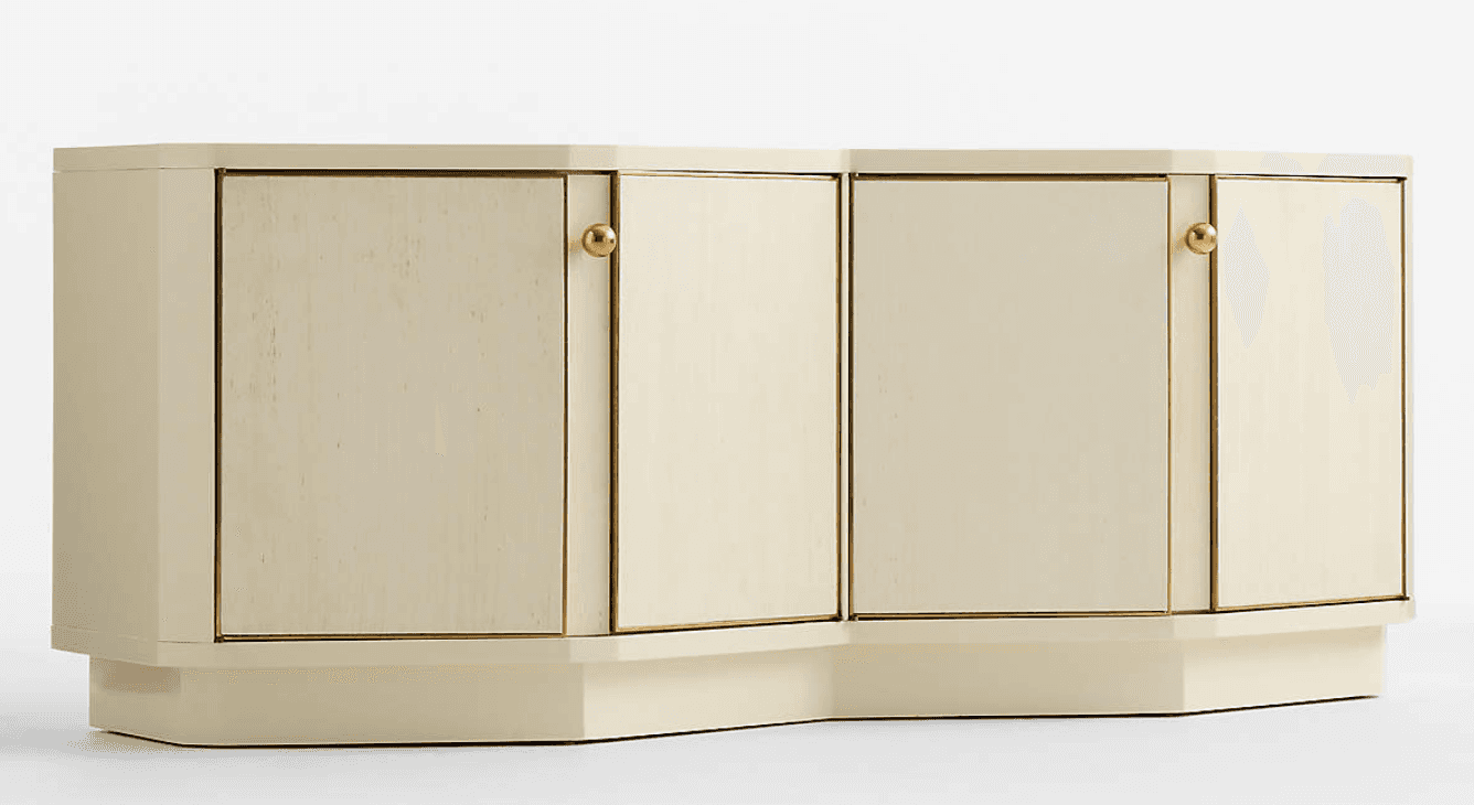 A long, low sideboard cabinet featuring a cream-colored lacquered finish and brass hardware. The fac… — free SKP 3D model