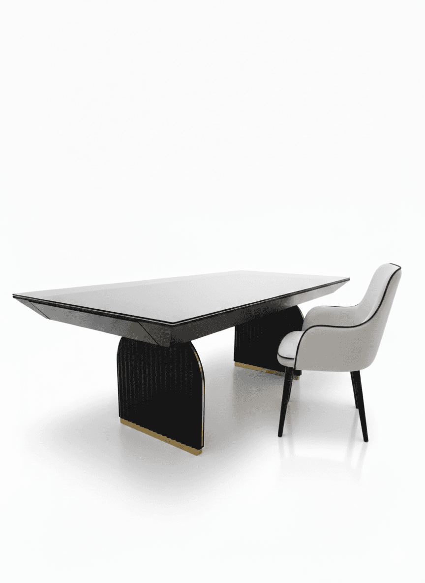 A sleek, contemporary dining table featuring a rectangular black tabletop supported by two distinctive, fluted pedestal bases. The bases are arch-shaped and black, accented with polished brass strips at the bottom. — 3D model