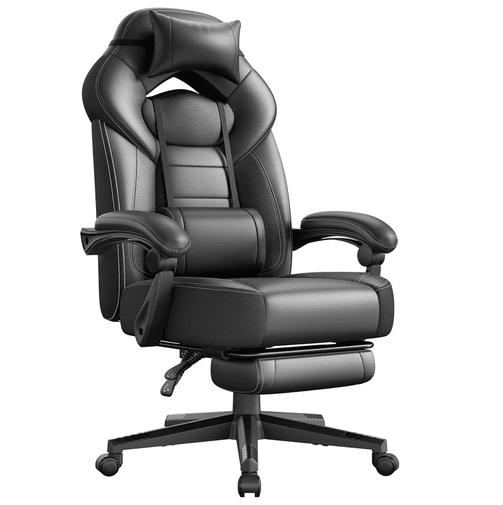 A high-back ergonomic gaming chair upholstered in black faux leather with white contrast stitching. It features adjustable headrest and lumbar support pillows, padded armrests, and a retractable footrest for extended comfort. The chair sits on a five-star base with caster wheels, allowing for mobility, and includes levers for tilt and height adjustments. — 3D model