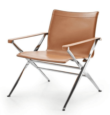 A modern lounge chair with a chrome-plated steel frame and tan leather upholstery. The chair feature… — free OBJ 3D model