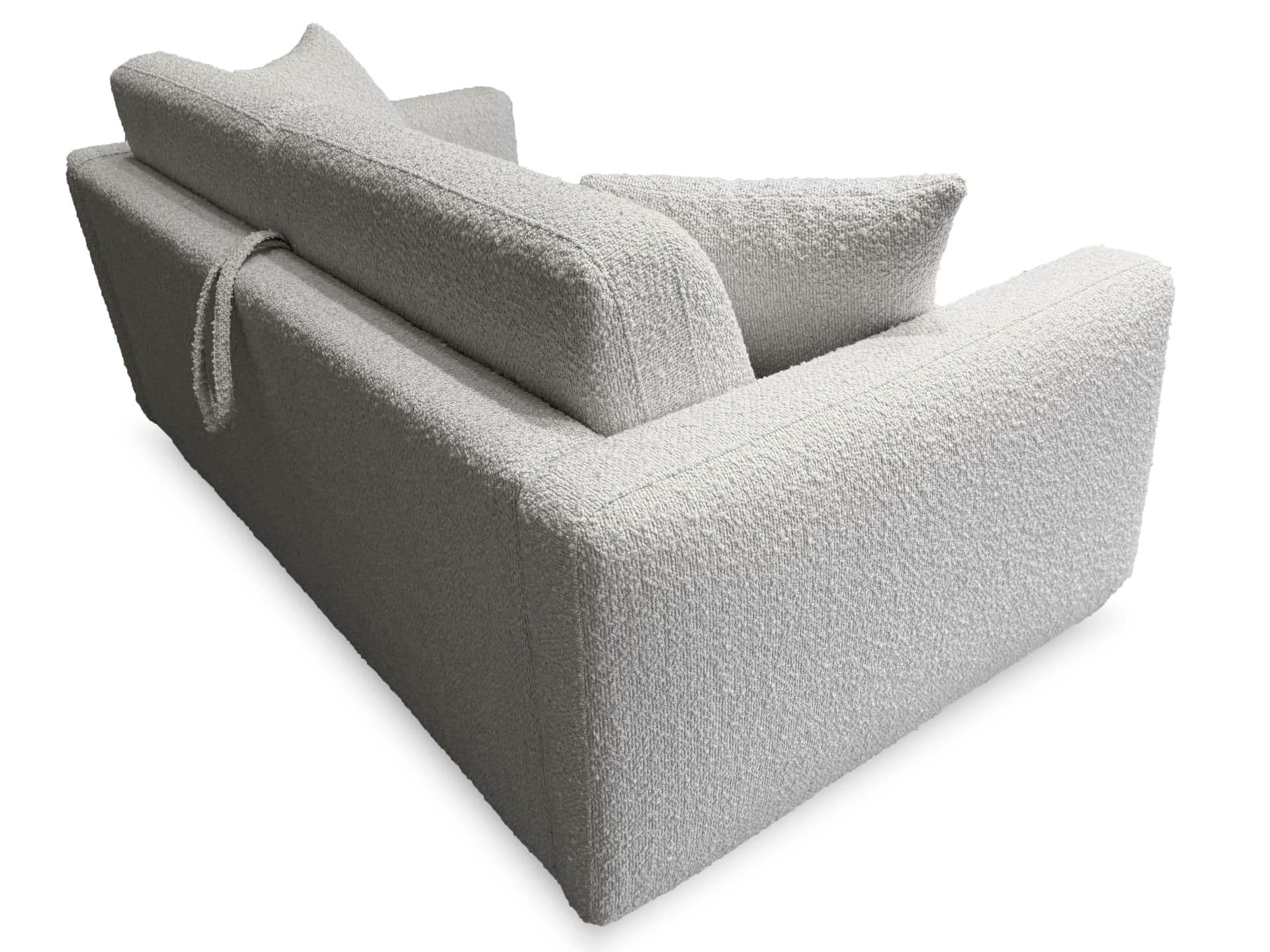 A modern sofa with a textured fabric upholstery. The sofa features a low profile with deep, plush cushions and rounded armrests. A distinctive design element is the integrated back cushion that curves upwards and outwards, creating a unique silhouette. The fabric has a boucle-like texture, giving it a soft and inviting appearance. The color is a neutral light gray or off-white. — 3D model