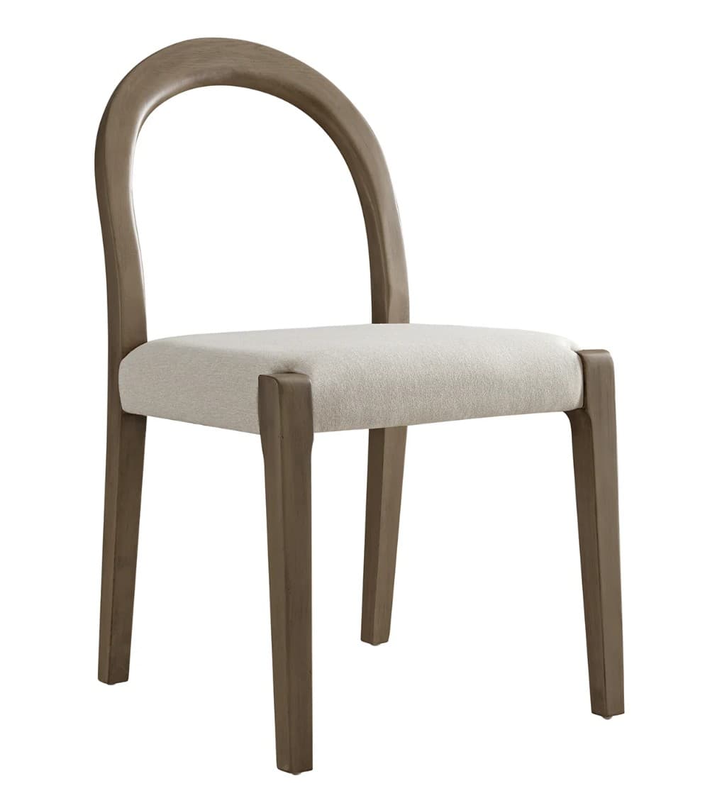 A modern dining chair featuring a wooden frame, an upholstered seat, and a distinct curved backrest. The frame has a warm brown finish, and the seat is covered in a light, textured fabric. — 3D model