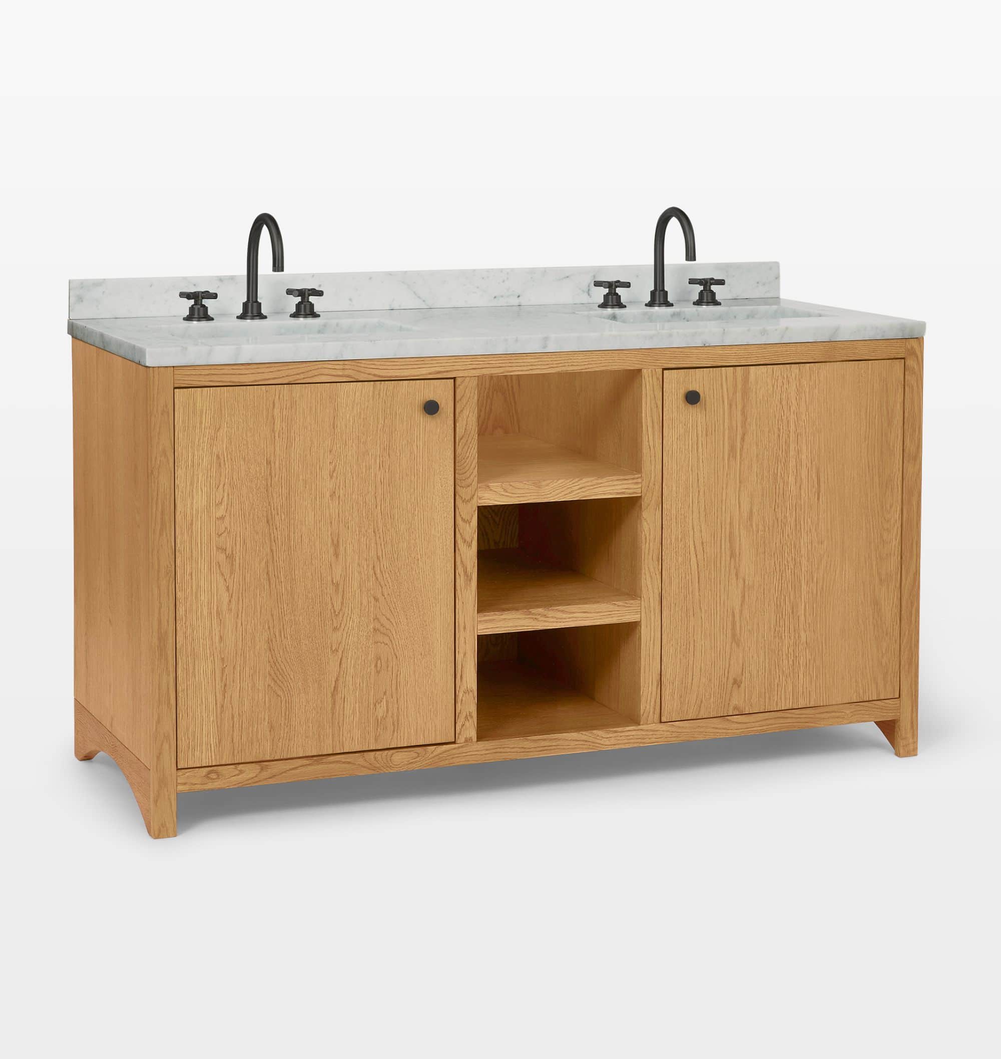 A modern double bathroom vanity constructed from light-toned oak wood, featuring a white marble coun… — 3D model