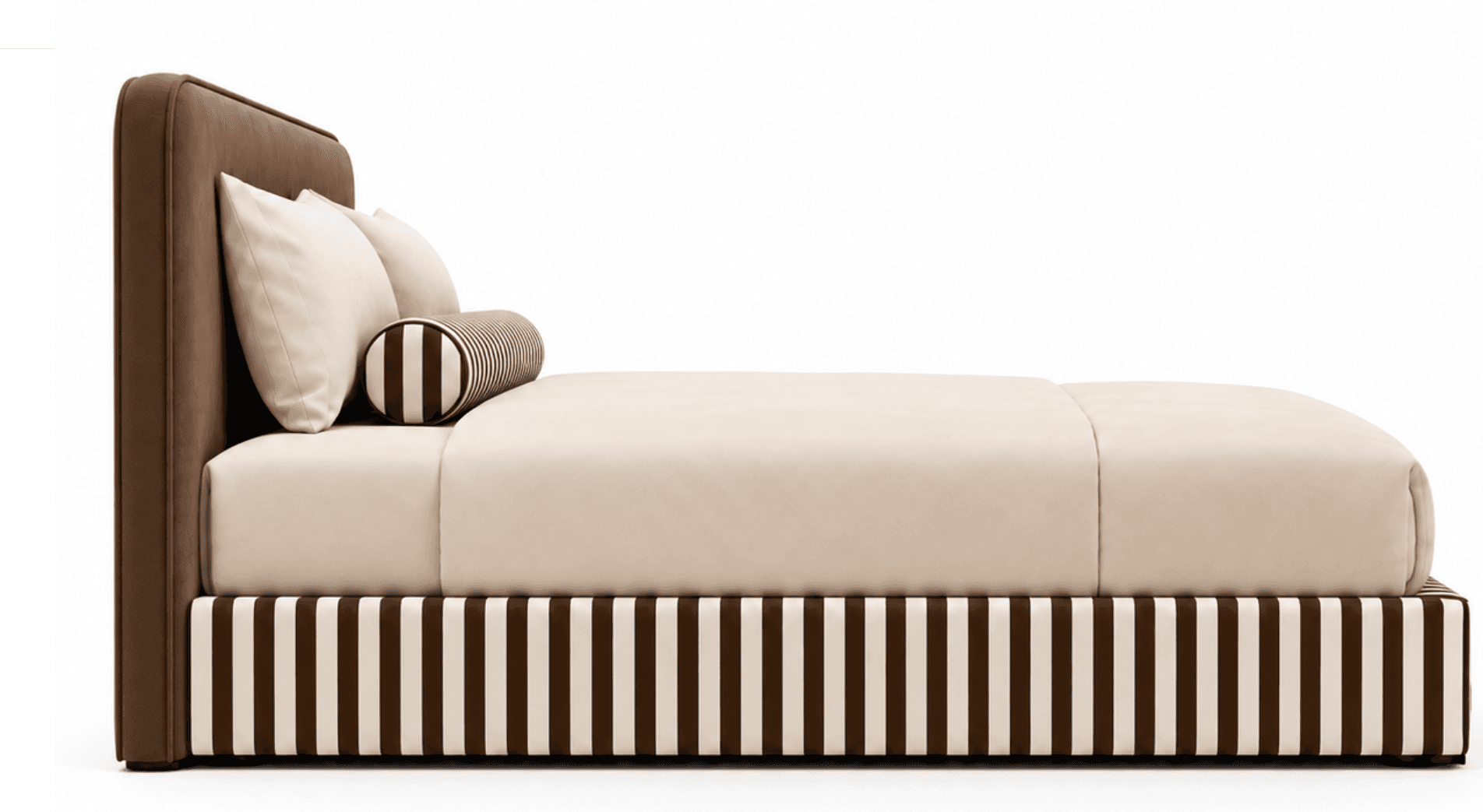 A contemporary upholstered platform bed featuring a tall, rounded headboard in a solid brown fabric. The mattress and bedding are a light beige/cream color, and the integrated bed frame base is upholstered in a striking brown and cream vertical striped fabric. The overall design suggests a modern and stylish aesthetic. — 3D model