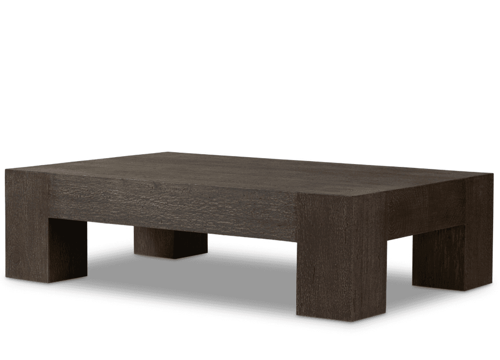 A rectangular coffee table made of dark, textured wood, featuring a thick tabletop and solid, block-… — free STL 3D model