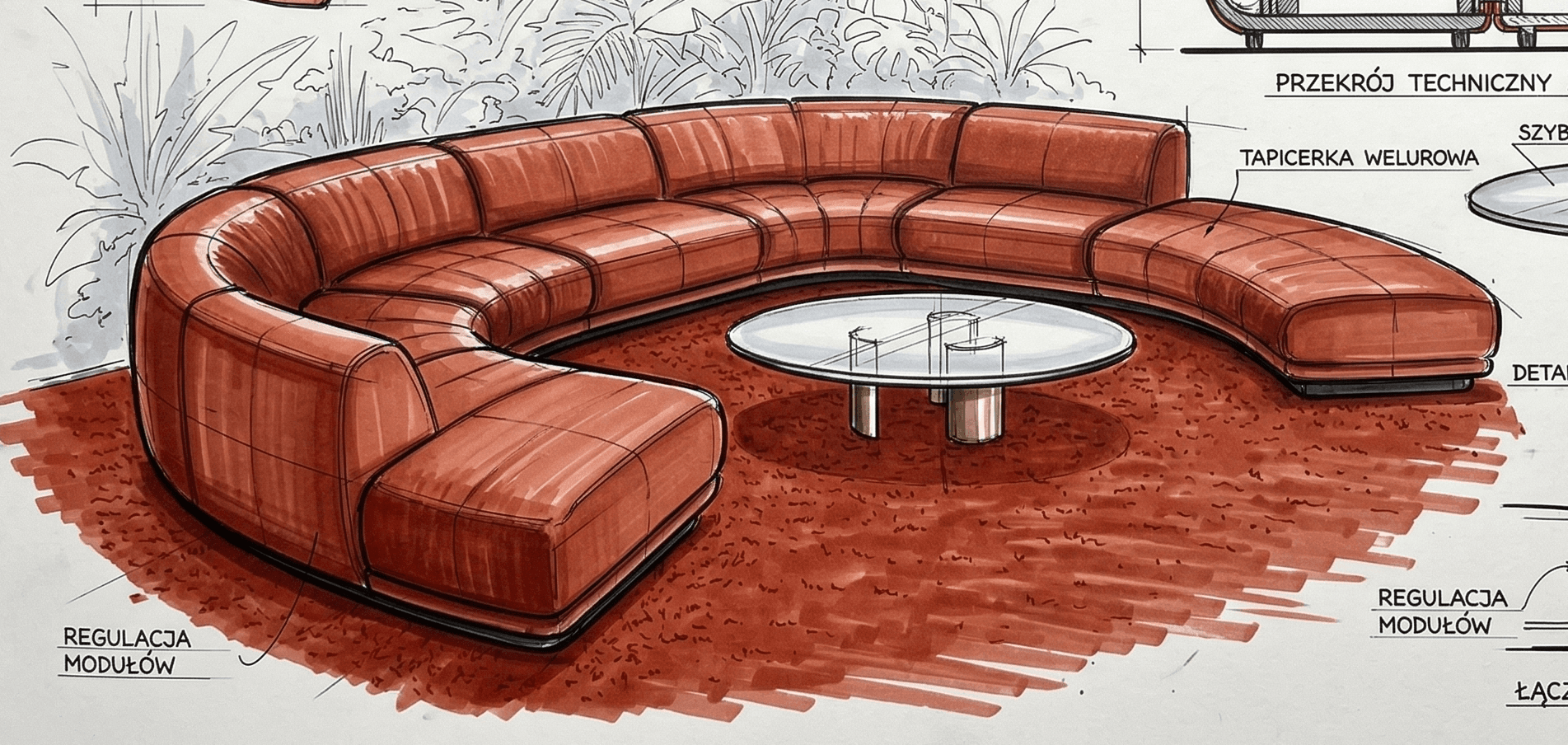 A modular, curved sectional sofa with a rich, reddish-brown leather upholstery. The sofa features deep, plush cushions with visible stitching patterns that create a grid-like effect on the seating surfaces and backrests. The overall form is rounded and inviting, designed for a lounge or living area. A circular glass-top coffee table with a metallic base is centrally positioned within the curve of the sofa. The sofa is rendered in a sketch style with marker coloring. — 3D model