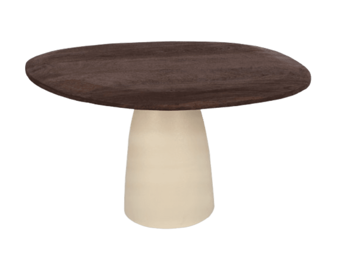 A small accent table featuring a dark, round, solid wood tabletop atop a thick, cream-colored, tapered pedestal base. Its design evokes an organic, mushroom-like silhouette. — 3D model
