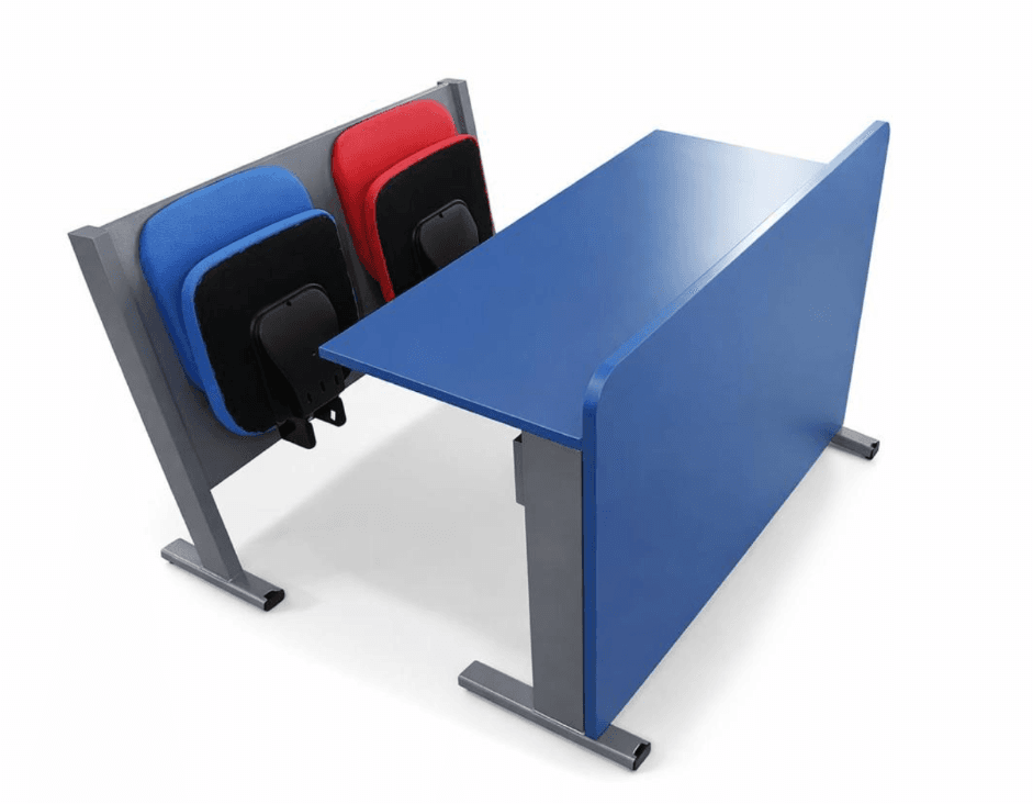 A modern modular desk with an integrated storage unit designed to hold stackable chairs. The desk features a vibrant blue laminated top and side panel, supported by a grey metal frame. The attached storage unit is also made of grey metal and holds four chairs with black bases and colorful (blue and red) seat and back pads. — 3D model