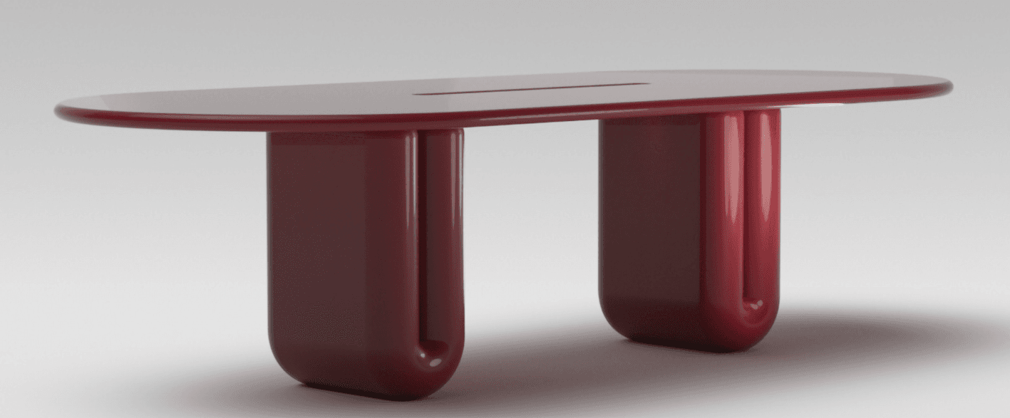 A modern, glossy deep red console table featuring an elongated, oval-shaped tabletop with smoothly rounded edges. It is supported by two integrated U-shaped leg units that contribute to its sculptural and seamless appearance. A narrow, elongated slot is present in the center of the tabletop. — 3D model