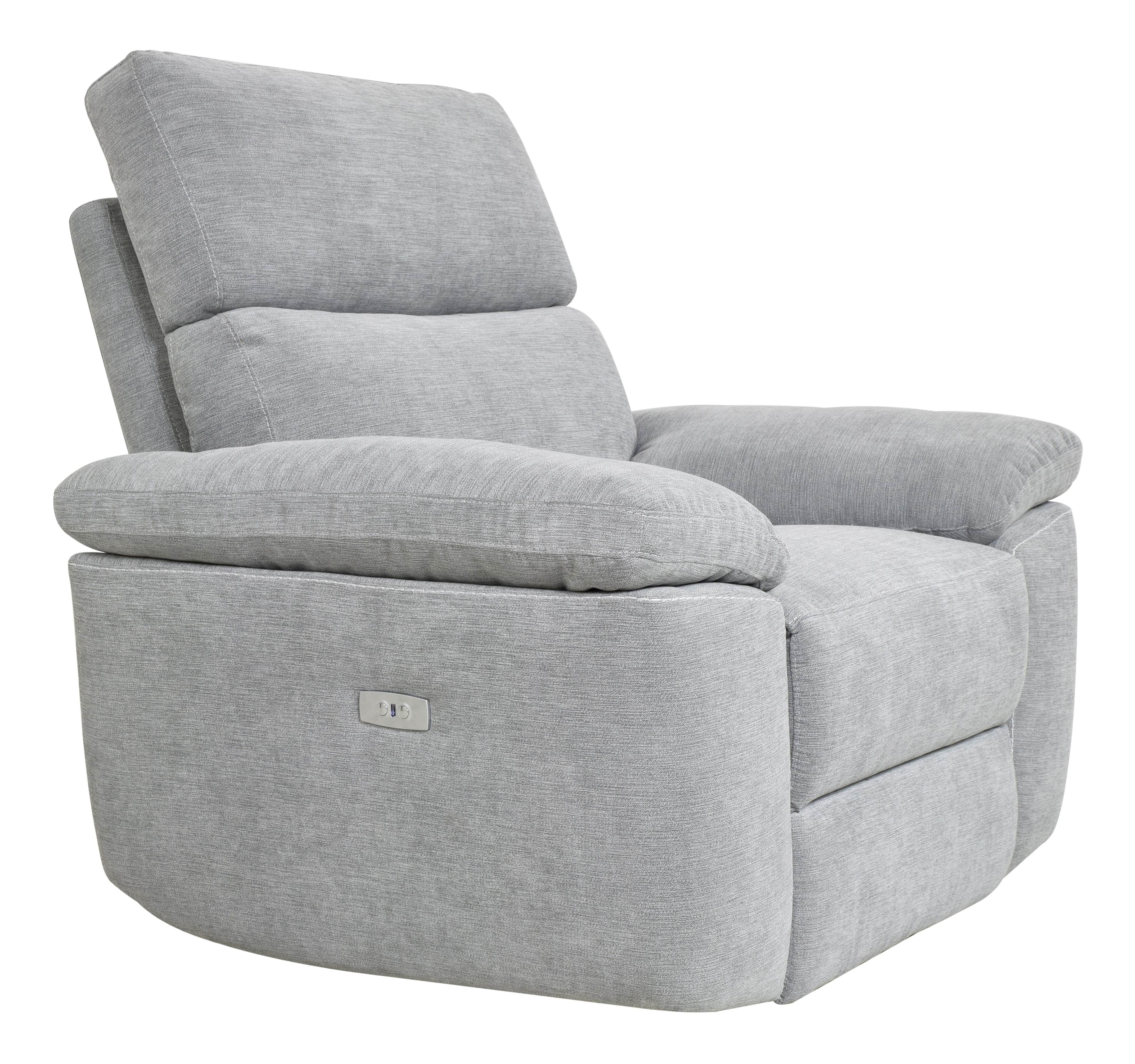 A contemporary power recliner chair upholstered in a light gray textured fabric. It features plush,… — 3D model