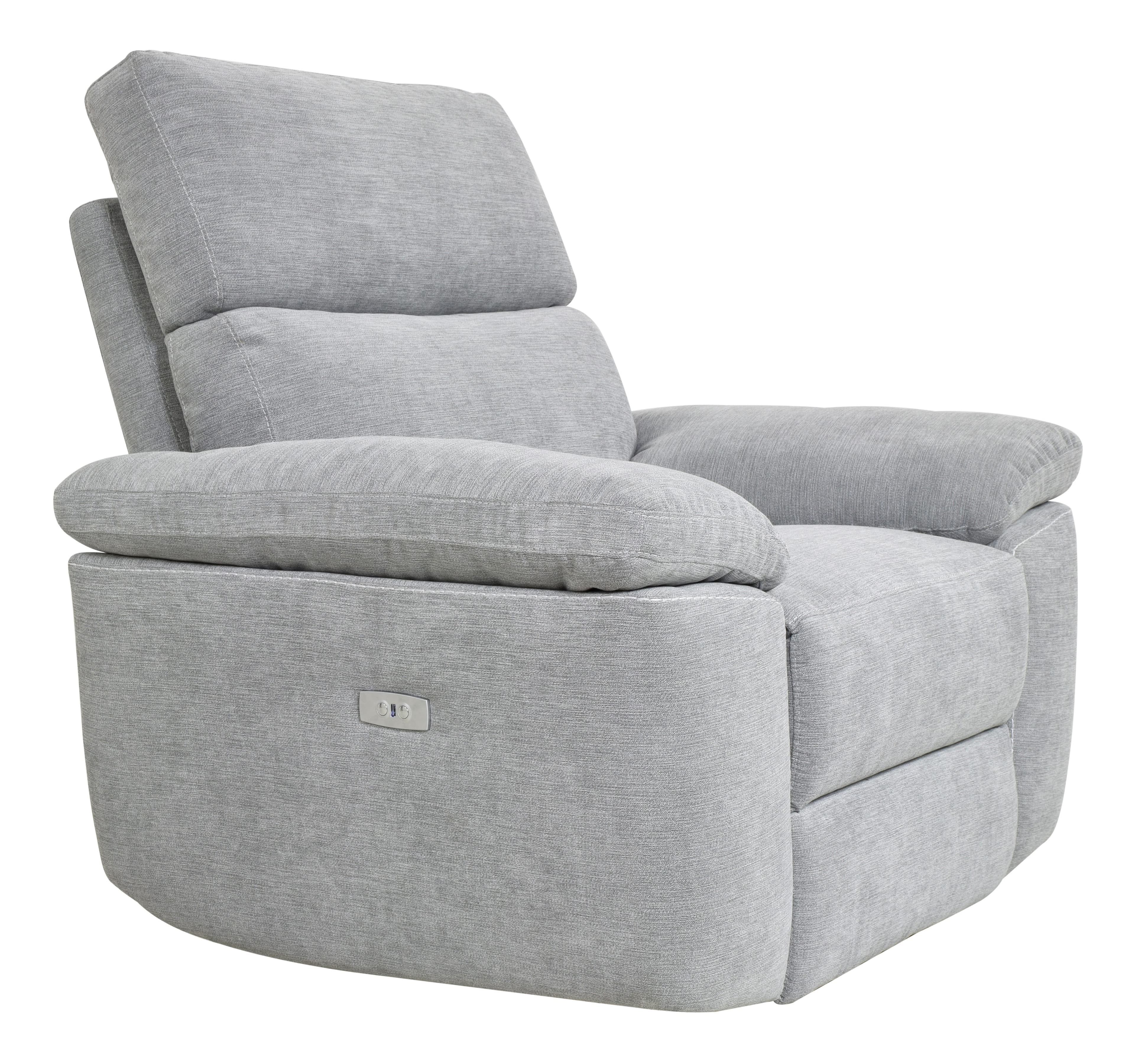A contemporary power recliner chair upholstered in a light gray textured fabric. It features plush, overstuffed cushioning on the backrest, seat, and armrests, designed for comfort. A silver-toned control panel for power reclining is integrated into the right side of the chair. — 3D model