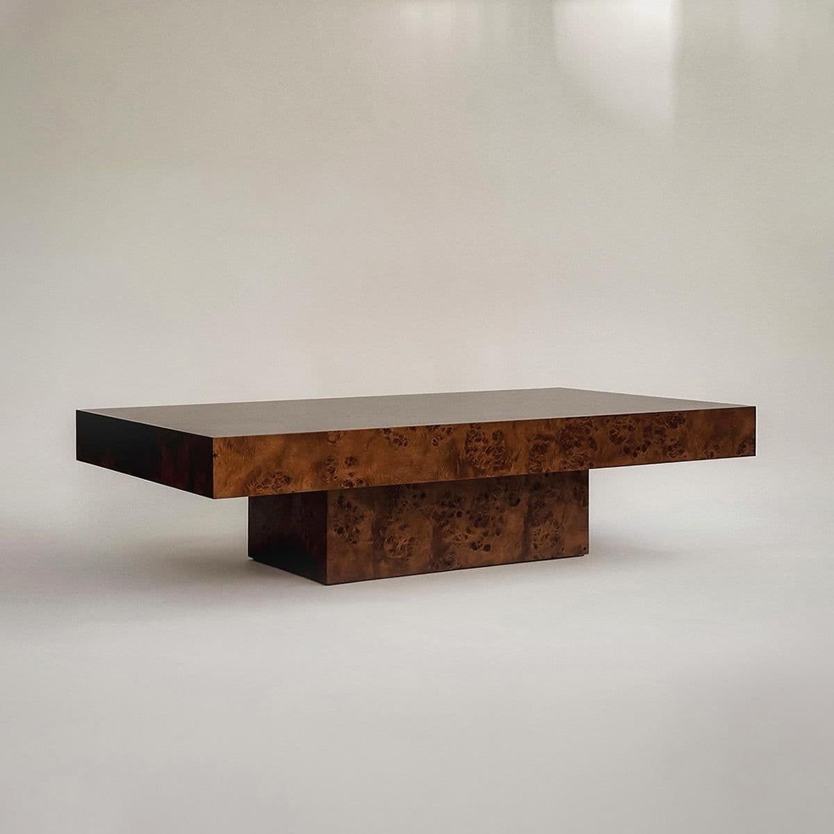 A rectangular coffee table made from burled wood, likely burl walnut veneer, with a thick top resting on a central rectangular pedestal base. It features a high-gloss lacquer finish. — 3D model
