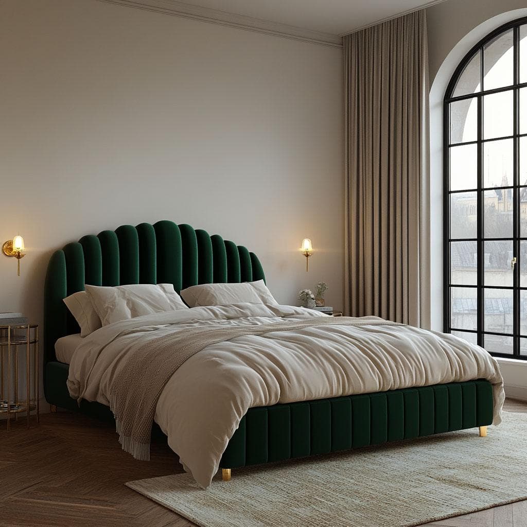 An emerald green velvet upholstered bed featuring a distinctive scalloped headboard with vertical channel tufting. The bed base also features matching vertical tufting. It is presented with white bedding, two white pillows, and a light beige knitted throw blanket. The bed rests on short, golden-finished legs. — 3D model