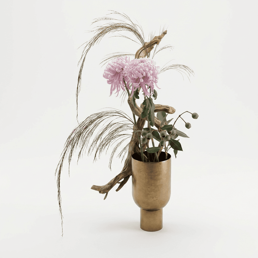 A sophisticated ikebana-inspired floral arrangement presented in a modern brass vase. The arrangement features large, pale pink chrysanthemums, delicate feathery dried grasses, and sprigs of eucalyptus with seed pods, all artfully interwoven with a natural driftwood branch. The vase itself is a cylindrical brass vessel with a tapering neck and a stout circular base, exhibiting a brushed or matte finish. — 3D model