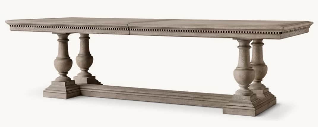 A rectangular dining table with a weathered gray finish, featuring a thick, segmented tabletop and a… — free OBJ 3D model
