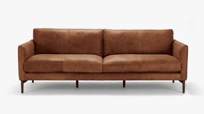 A contemporary two-seater sofa upholstered in brown leather. The sofa features clean lines with a sl… — 3D model